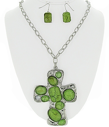 Green Stone Cross Hammered Metal Necklace